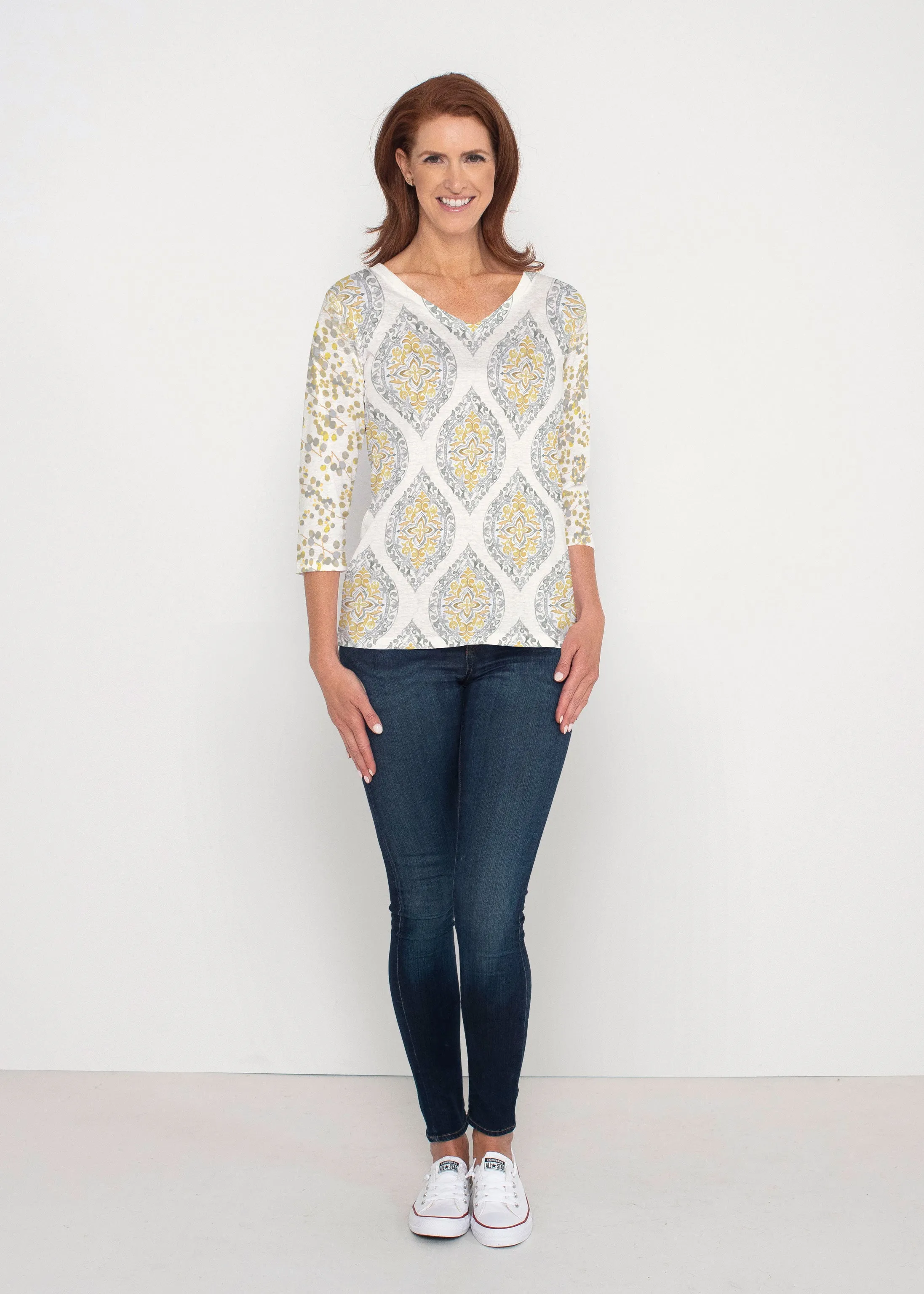 Etched Motif (8014) ~ Signature 3/4 Sleeve V-Neck Top