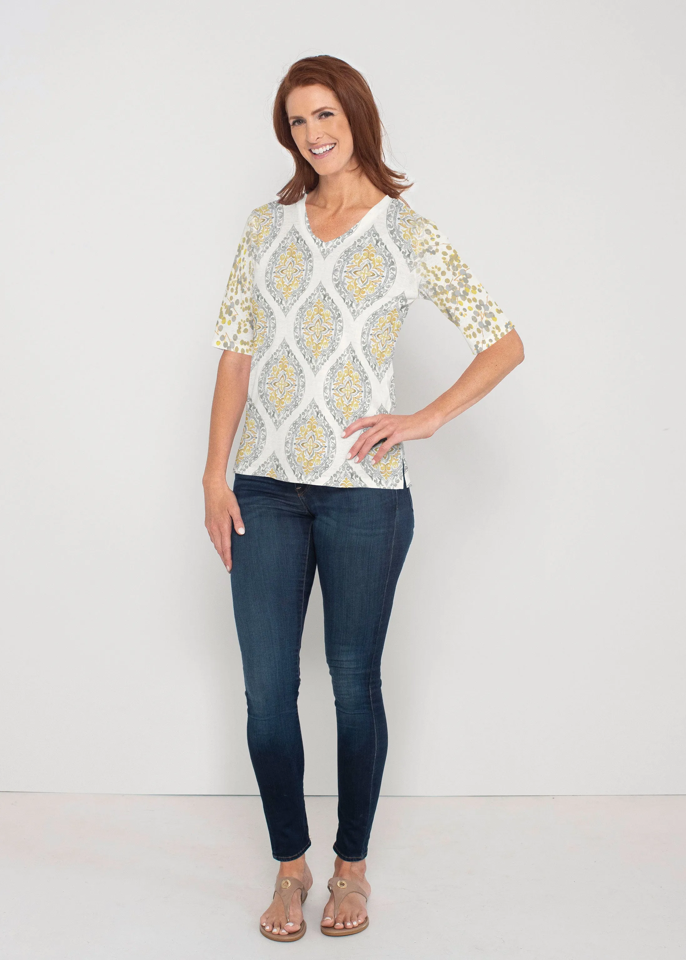 Etched Motif (8014) ~ Signature Elbow Sleeve V-Neck Top
