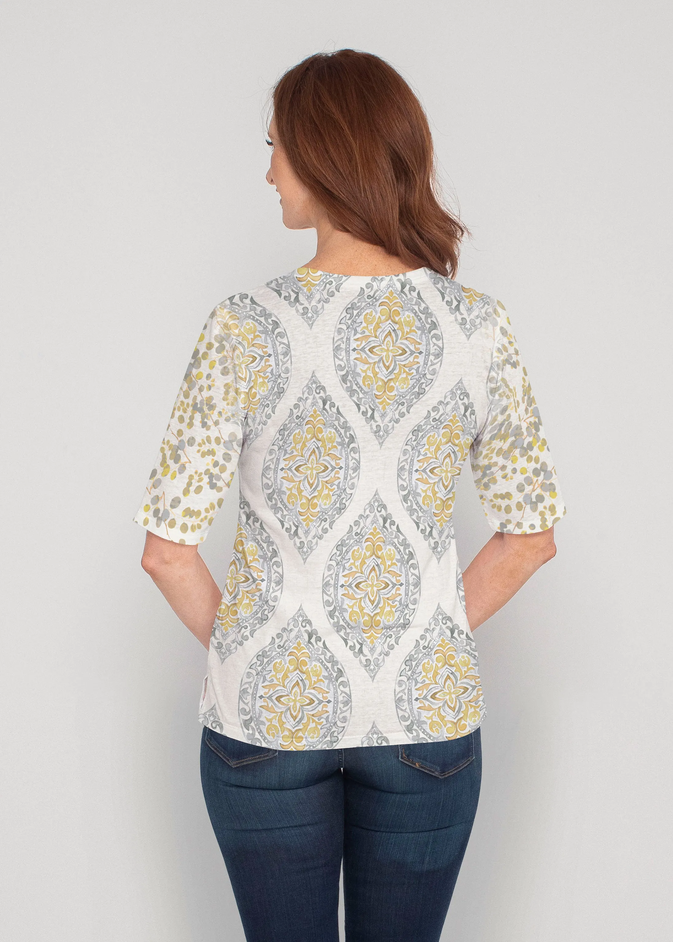 Etched Motif (8014) ~ Signature Elbow Sleeve V-Neck Top