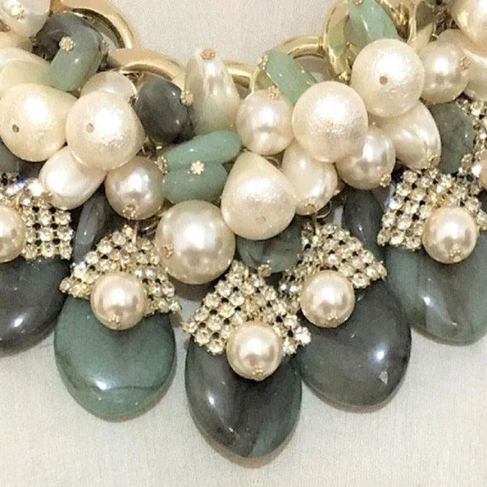 Faux Jade & Pearl (faux) Cluster Statement Necklace Set