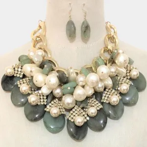 Faux Jade & Pearl (faux) Cluster Statement Necklace Set