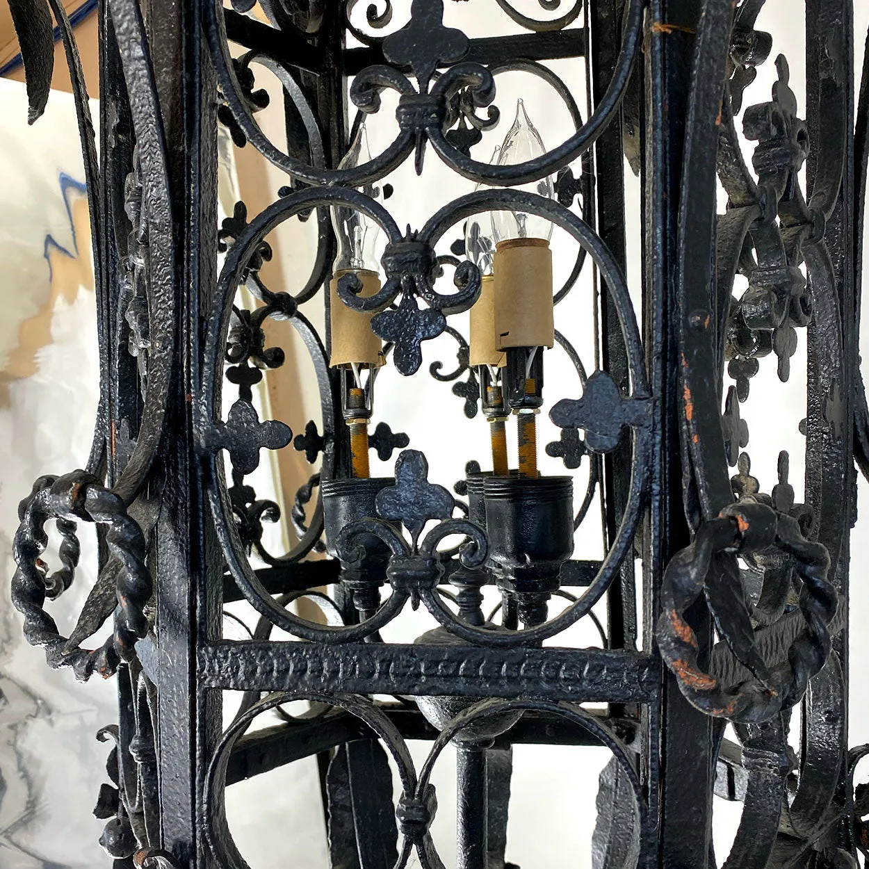 Fine Large American Wrought Iron Three-Light Hanging Pendant Lantern