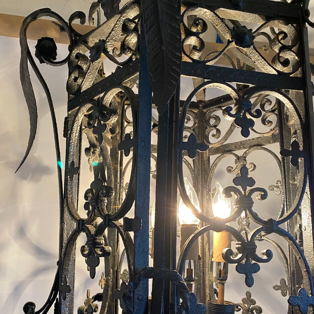 Fine Large American Wrought Iron Three-Light Hanging Pendant Lantern