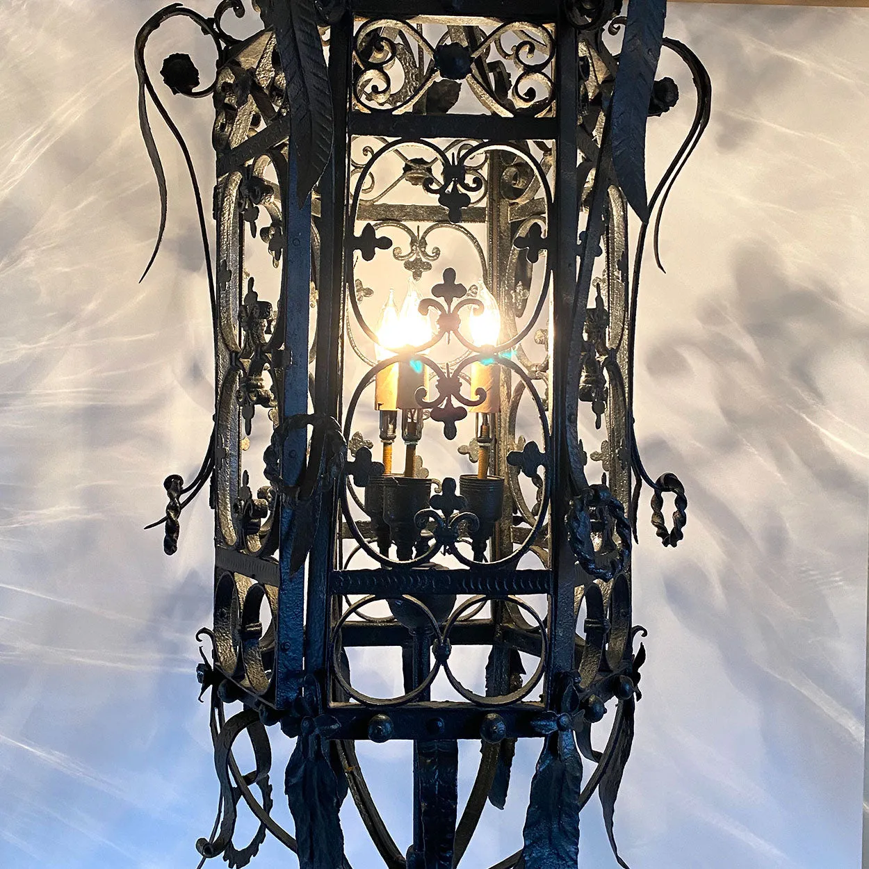 Fine Large American Wrought Iron Three-Light Hanging Pendant Lantern