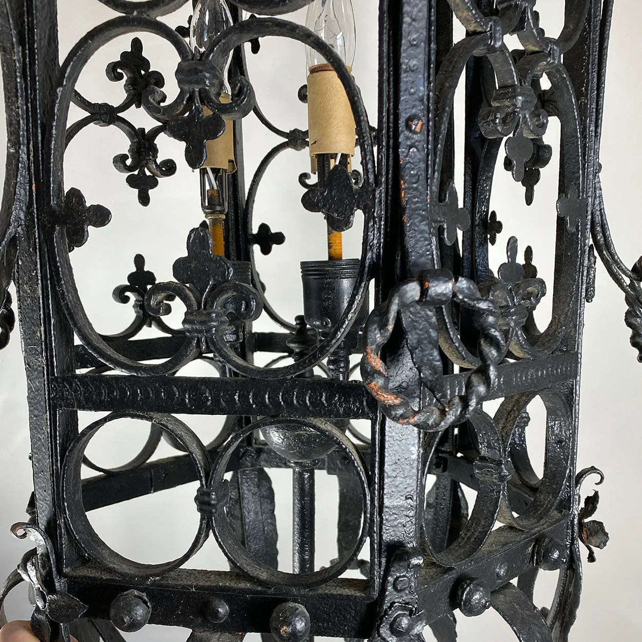 Fine Large American Wrought Iron Three-Light Hanging Pendant Lantern