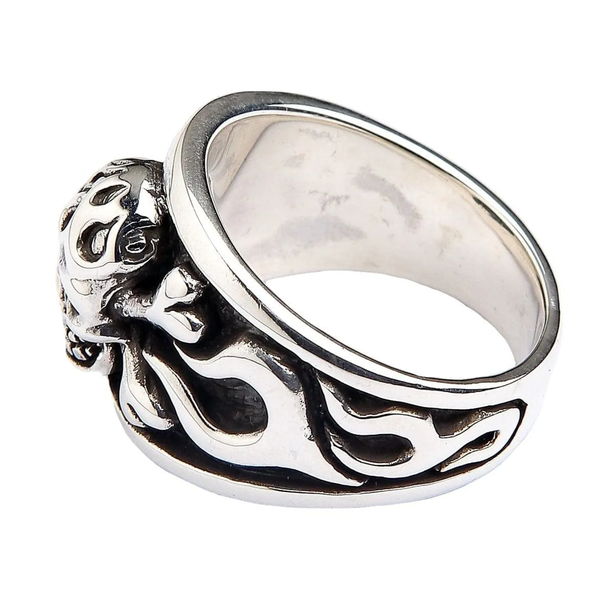 Flame Skull Crossbones Sterling Silver Ring