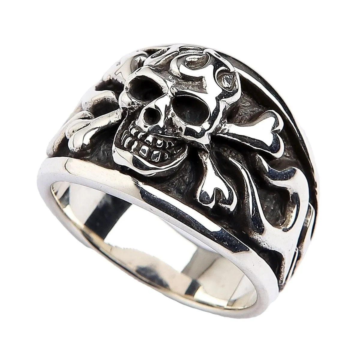 Flame Skull Crossbones Sterling Silver Ring