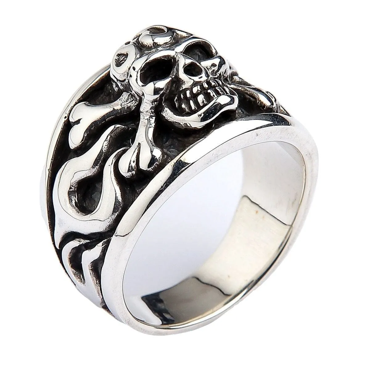Flame Skull Crossbones Sterling Silver Ring