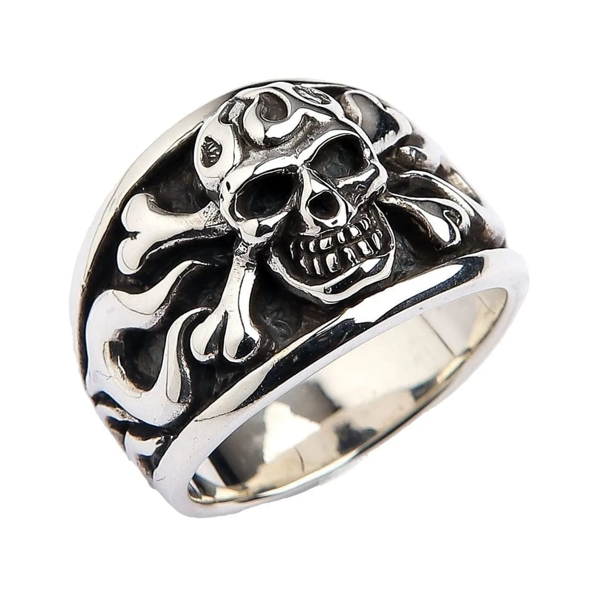 Flame Skull Crossbones Sterling Silver Ring