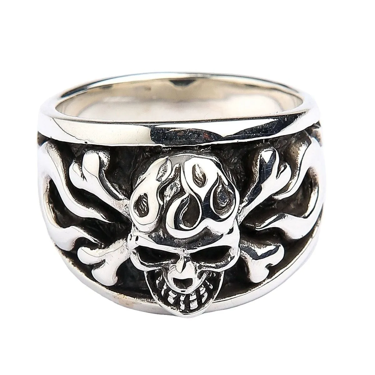 Flame Skull Crossbones Sterling Silver Ring
