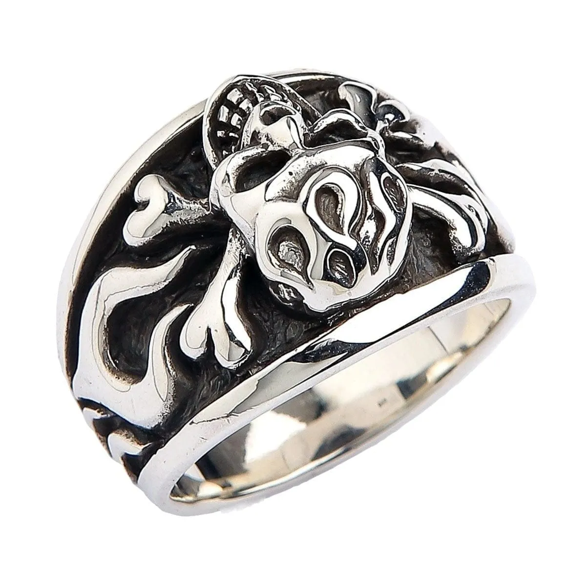 Flame Skull Crossbones Sterling Silver Ring