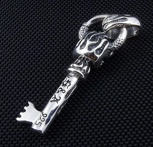 Flame Skull Key Sterling Silver Biker Pendant