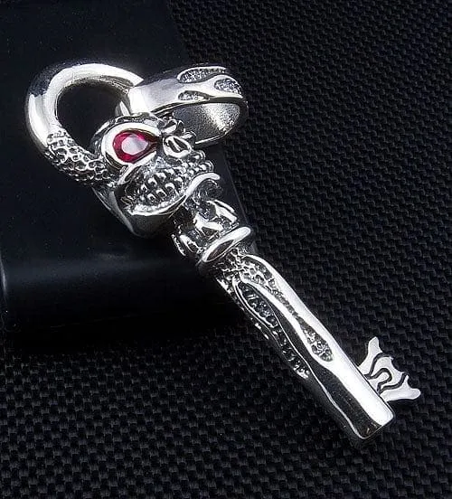 Flame Skull Key Sterling Silver Biker Pendant