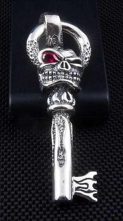 Flame Skull Key Sterling Silver Biker Pendant