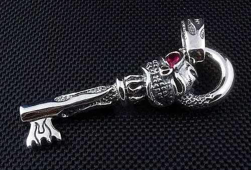 Flame Skull Key Sterling Silver Biker Pendant