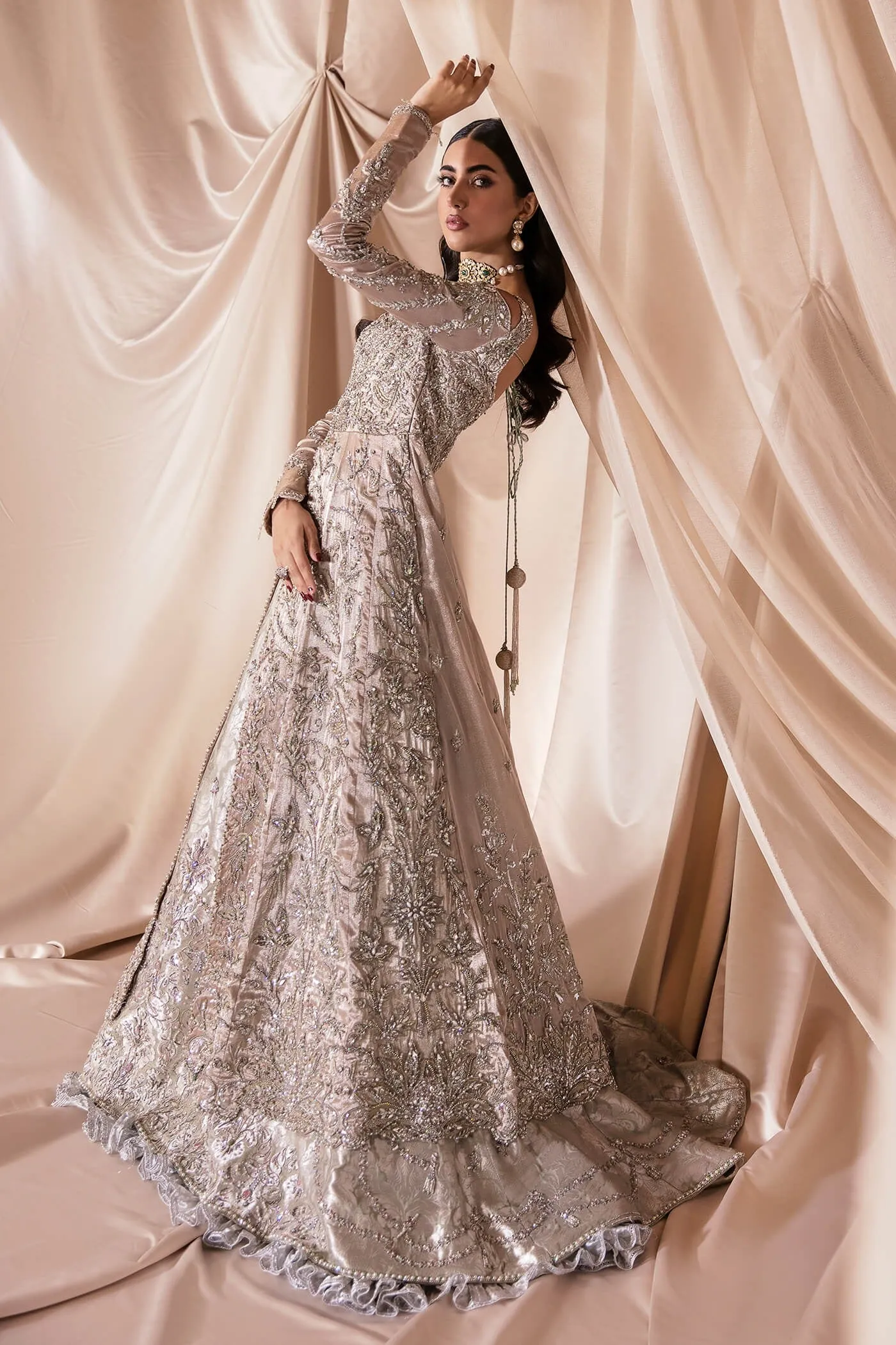 French Satin Lehenga Gown Pakistani Wedding Dresses