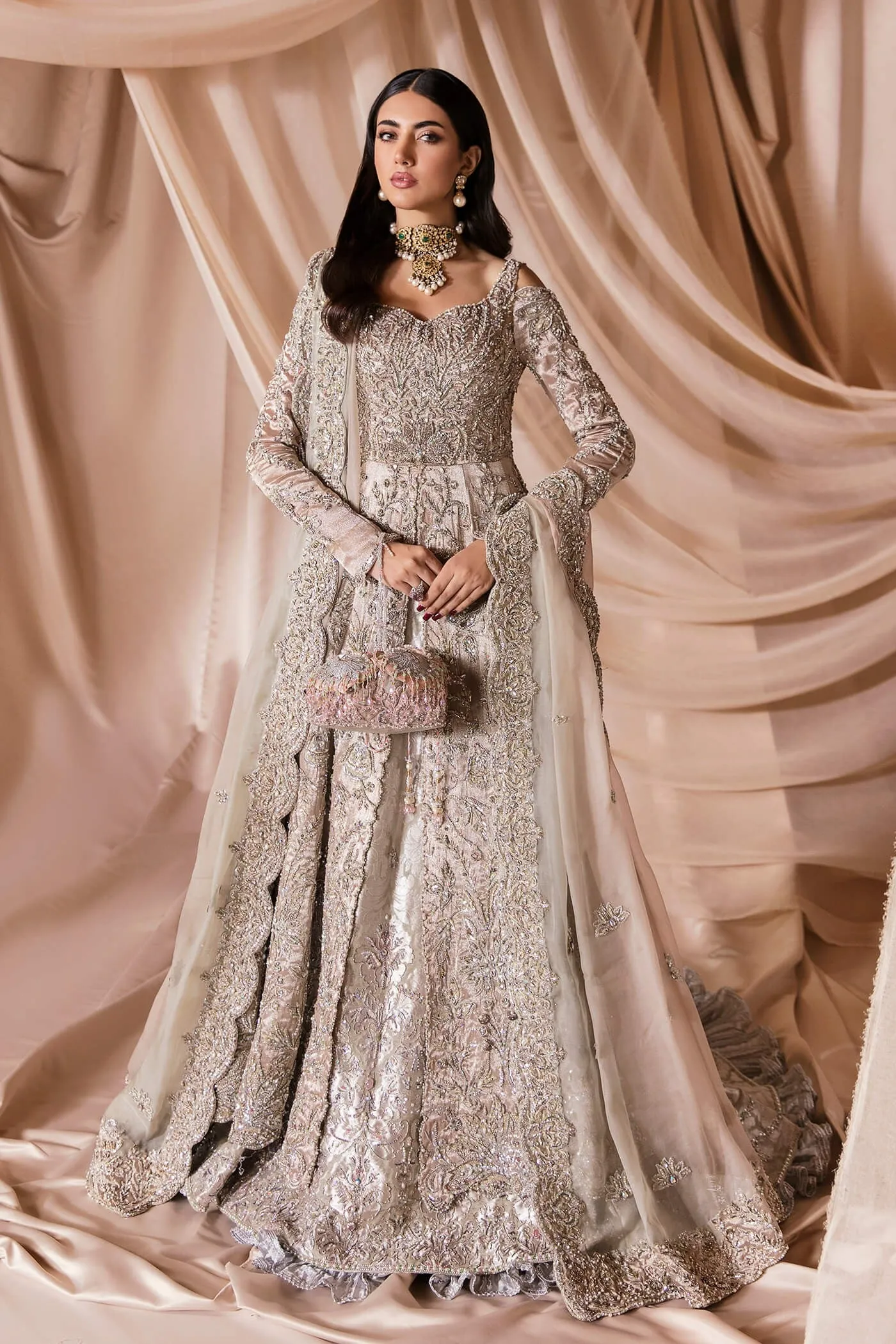 French Satin Lehenga Gown Pakistani Wedding Dresses