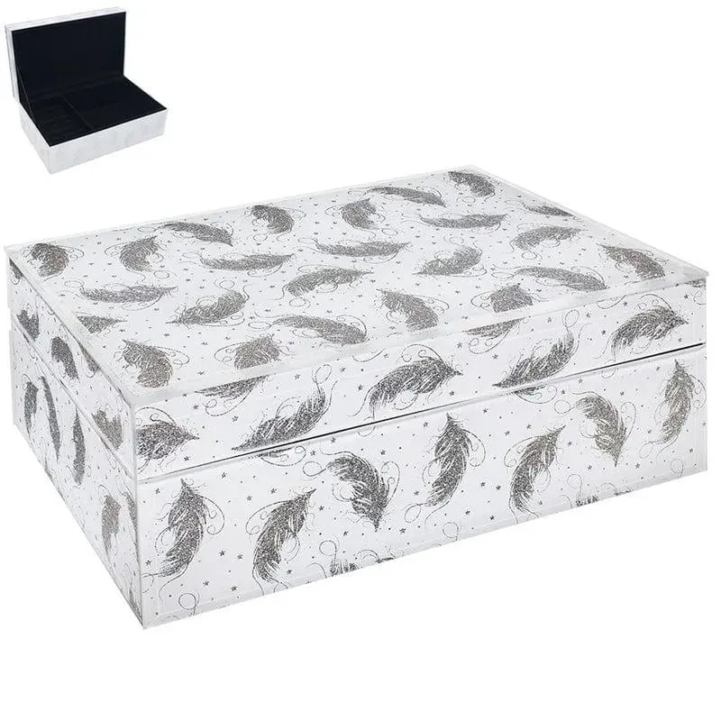 Glitter Feather Jewellery Box White and Silver