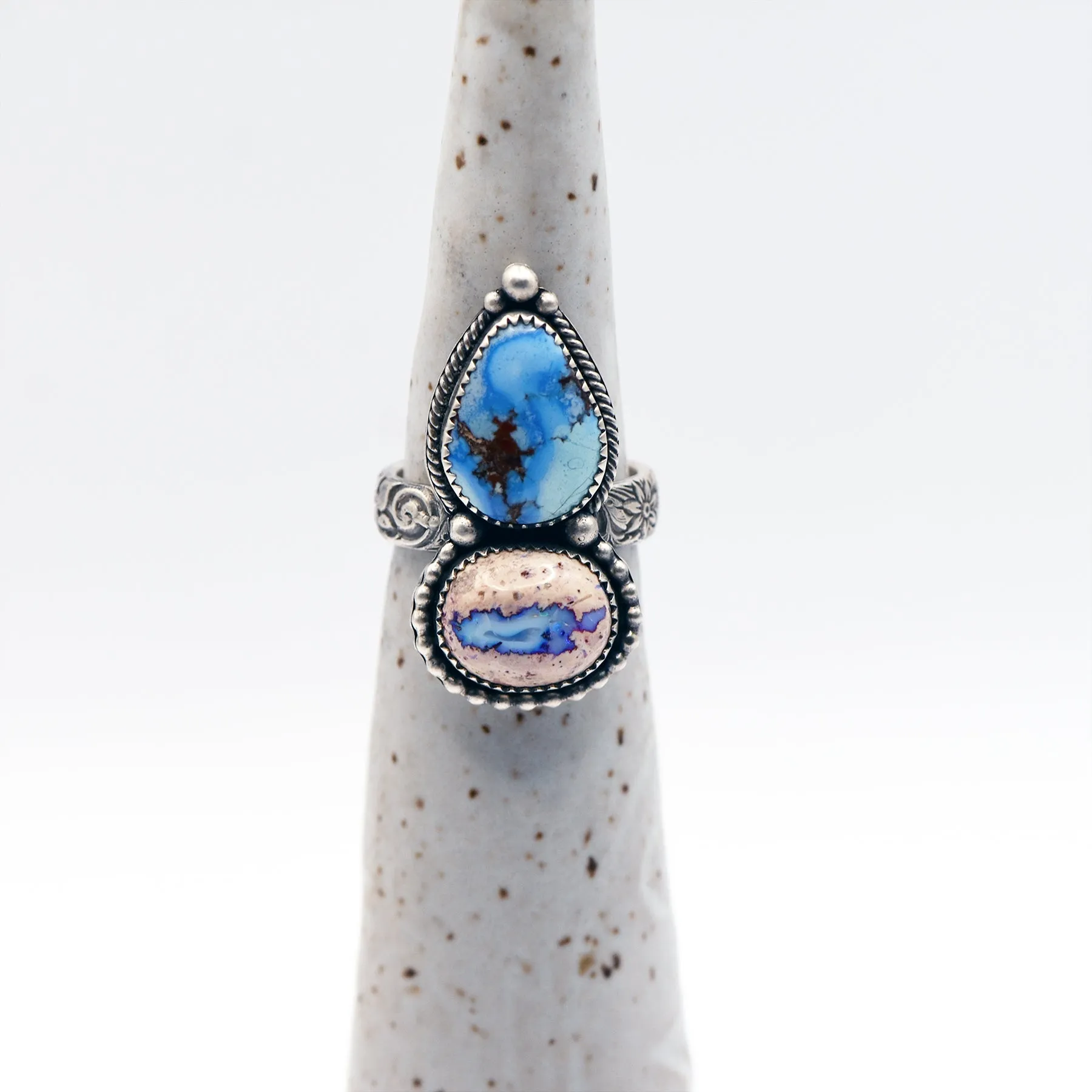 Goddess Ring ~ Golden Hill Turquoise & Mexican Fire Opal / U.S. Size 7