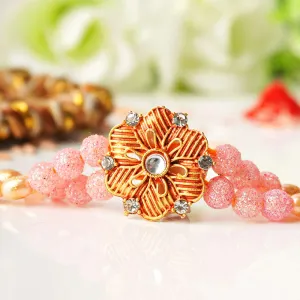 Gold Flower Pink Beaded Rakhi