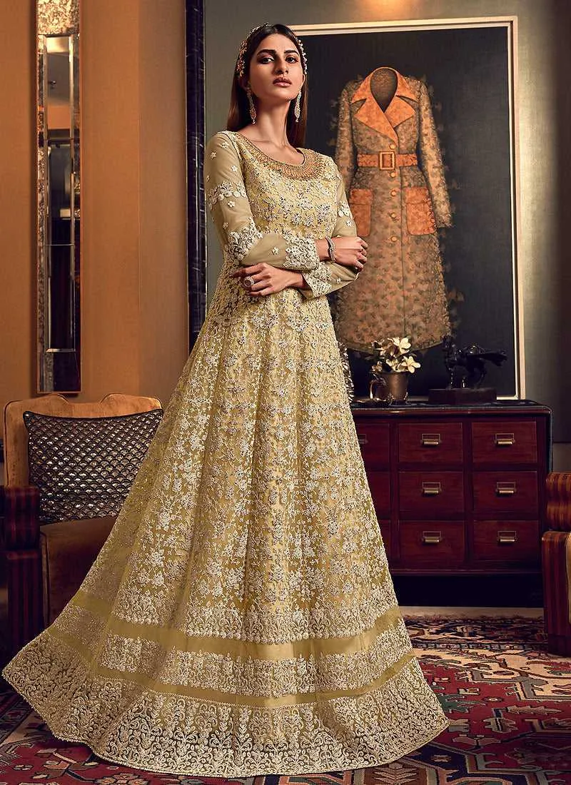 Golden Cream Heavy Embroidered Gown Style Anarkali Suit