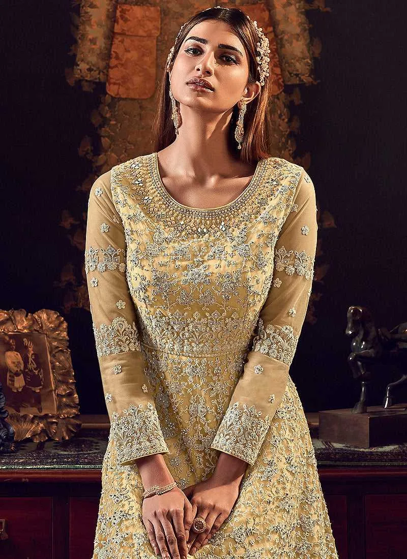Golden Cream Heavy Embroidered Gown Style Anarkali Suit