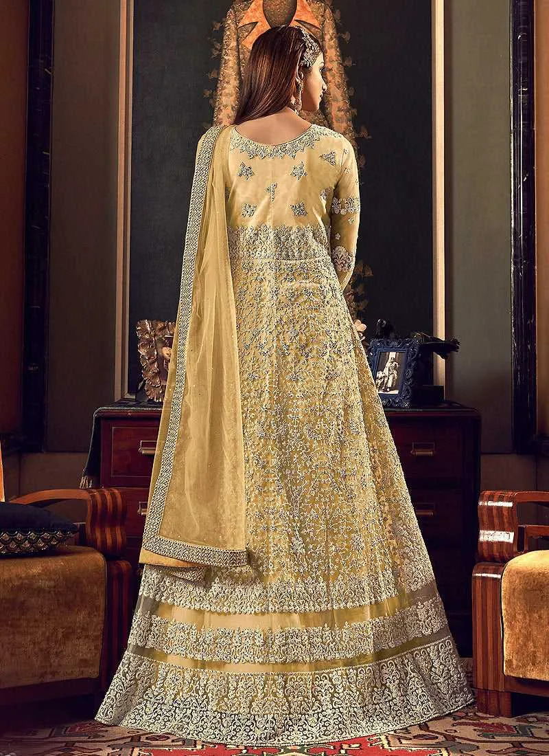 Golden Cream Heavy Embroidered Gown Style Anarkali Suit