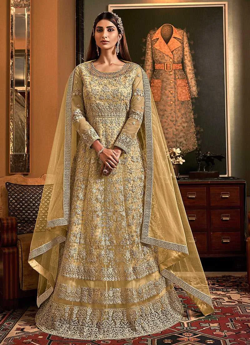 Golden Cream Heavy Embroidered Gown Style Anarkali Suit