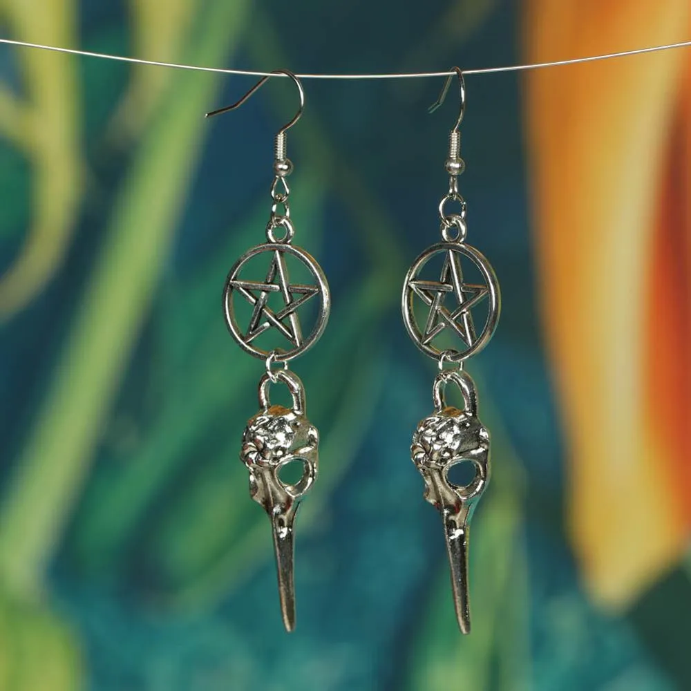 Gothic Punk Witch Power Pentagram Bull Skull Earrings Natural Stone Rose Bird Bat Pendant Earrings