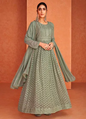 Green and Gold Embroidered Gown Style Anarkali Suit