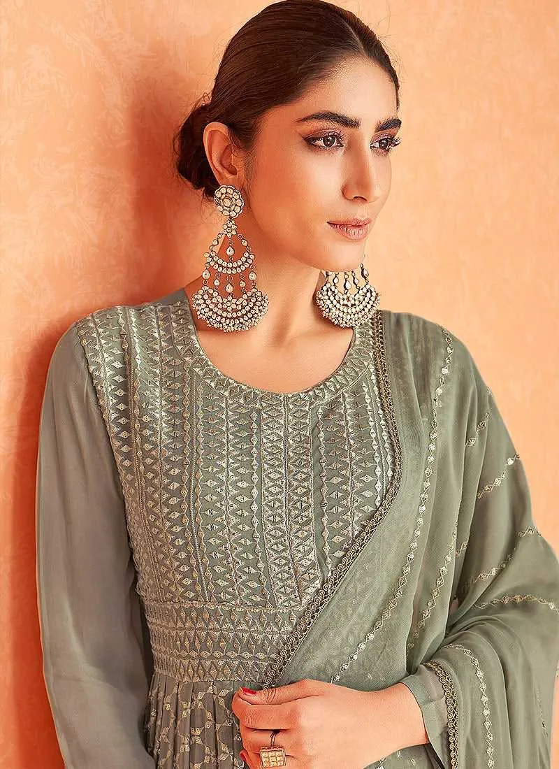 Green and Gold Embroidered Gown Style Anarkali Suit