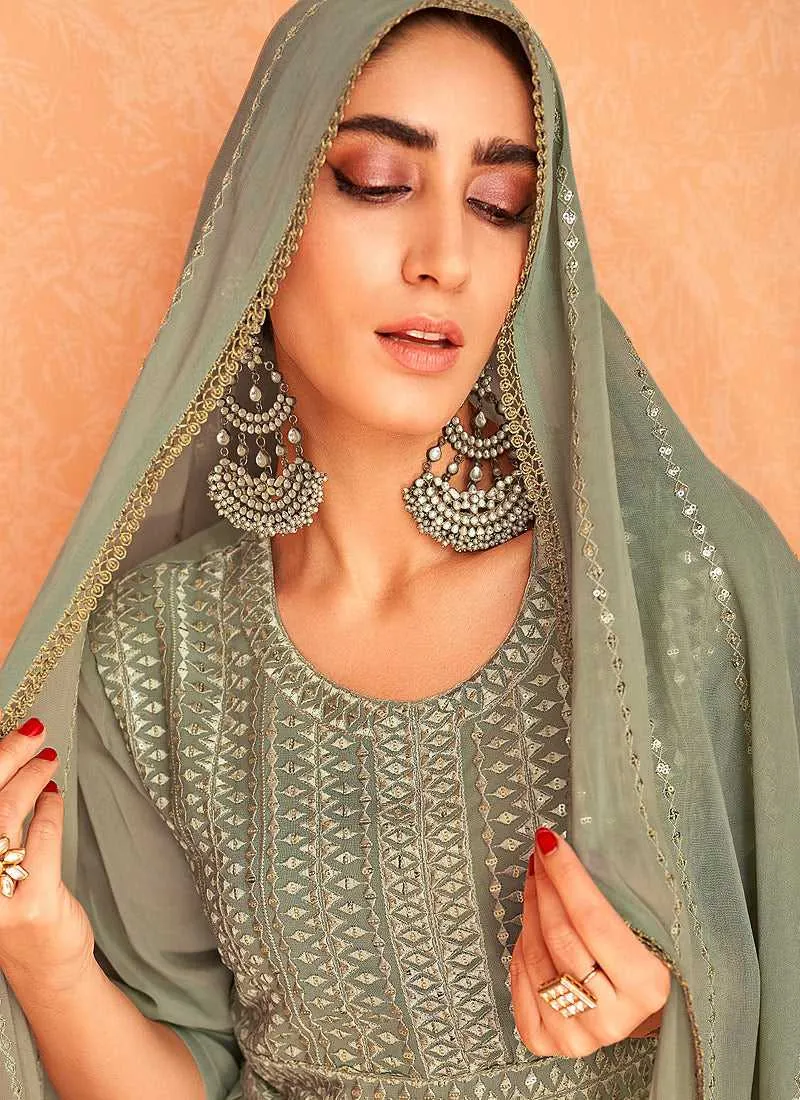 Green and Gold Embroidered Gown Style Anarkali Suit