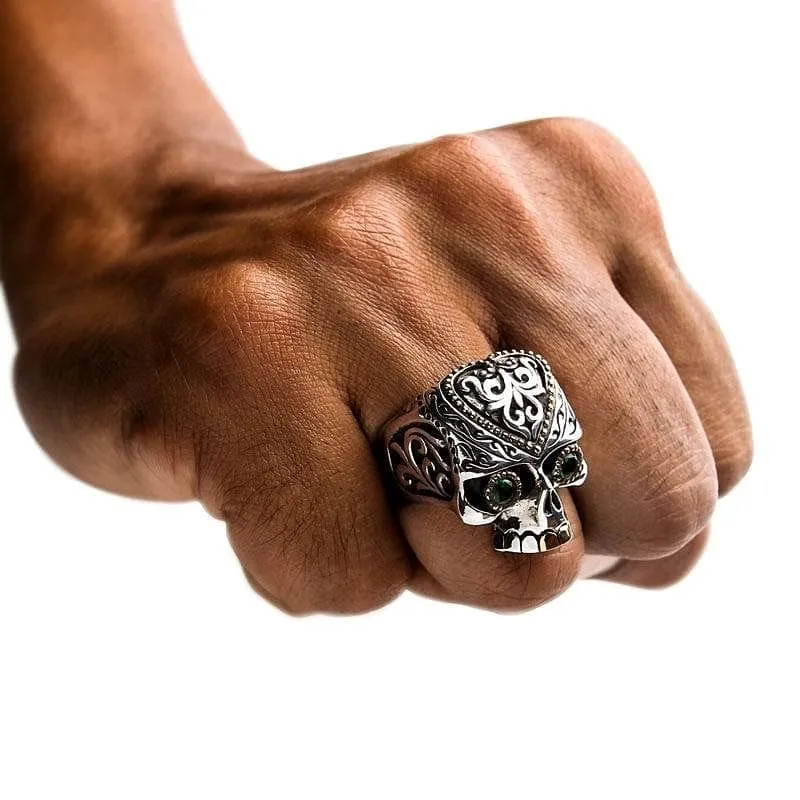 Green Eyes Tribal Ethnic Skull Sterling Silver Biker Ring