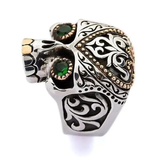 Green Eyes Tribal Ethnic Skull Sterling Silver Biker Ring