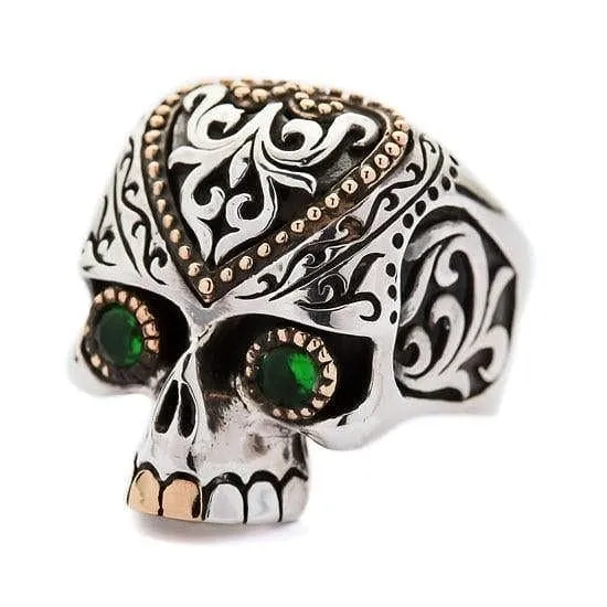 Green Eyes Tribal Ethnic Skull Sterling Silver Biker Ring