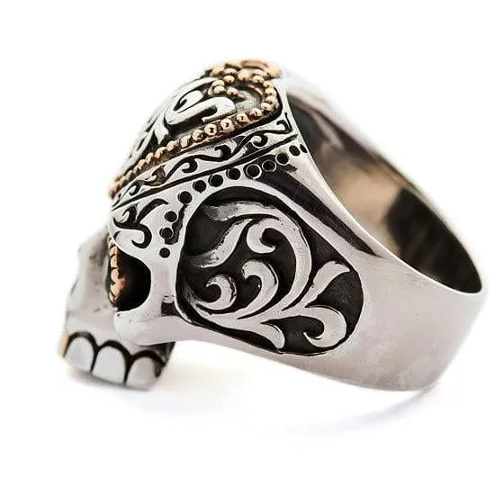 Green Eyes Tribal Ethnic Skull Sterling Silver Biker Ring