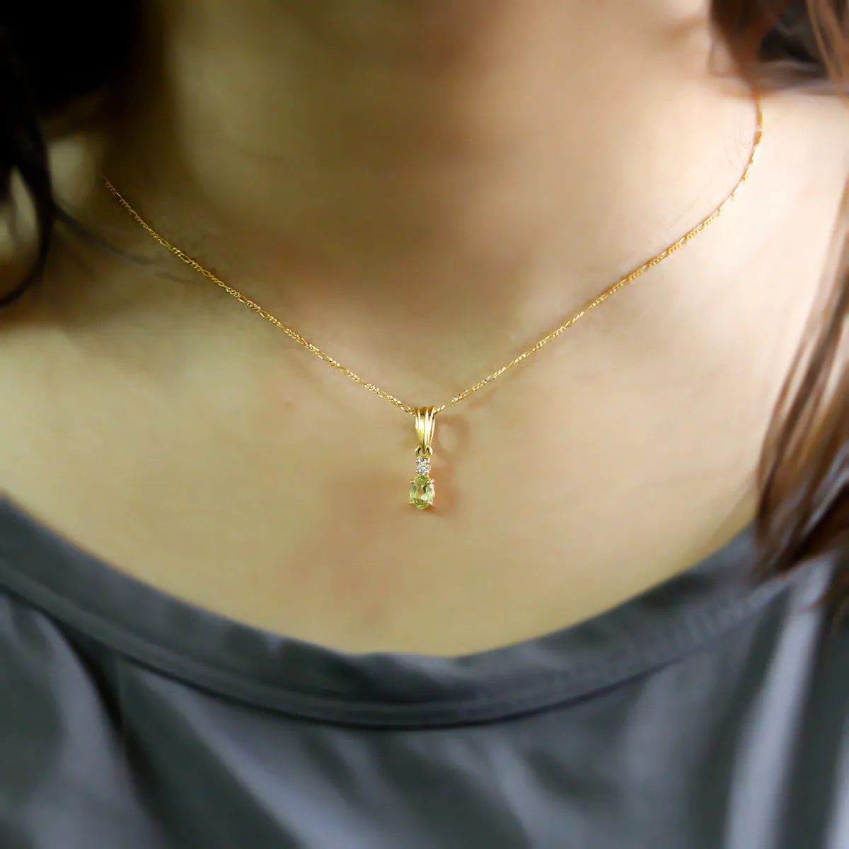 Green Peridot & Diamond 18k Solid Gold Pendant