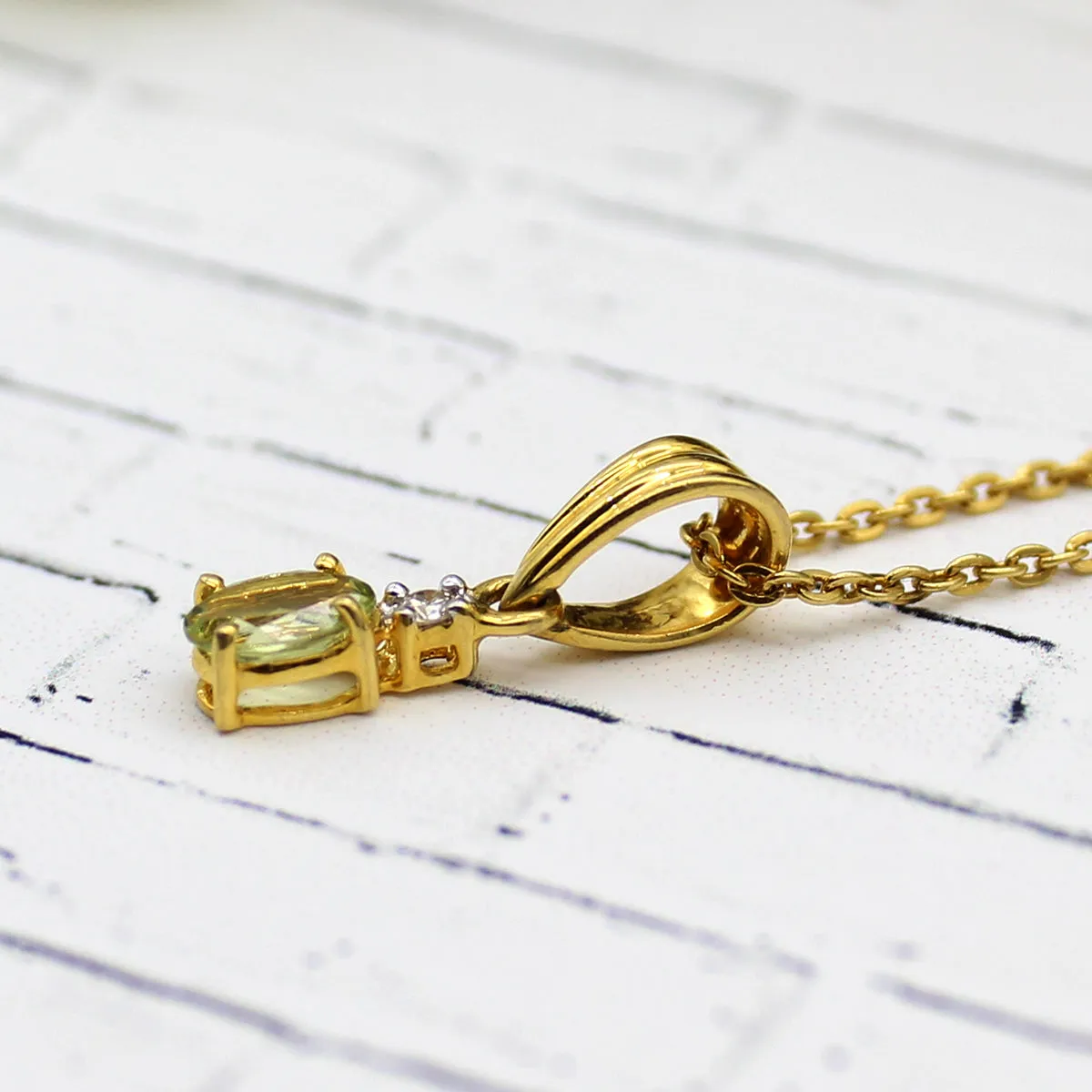 Green Peridot & Diamond 18k Solid Gold Pendant