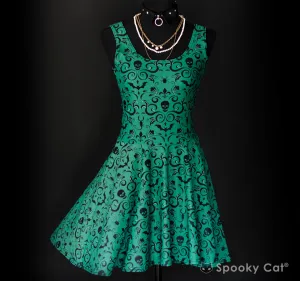 Green Skull Damask Skater Dress