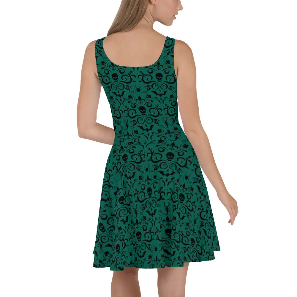 Green Skull Damask Skater Dress
