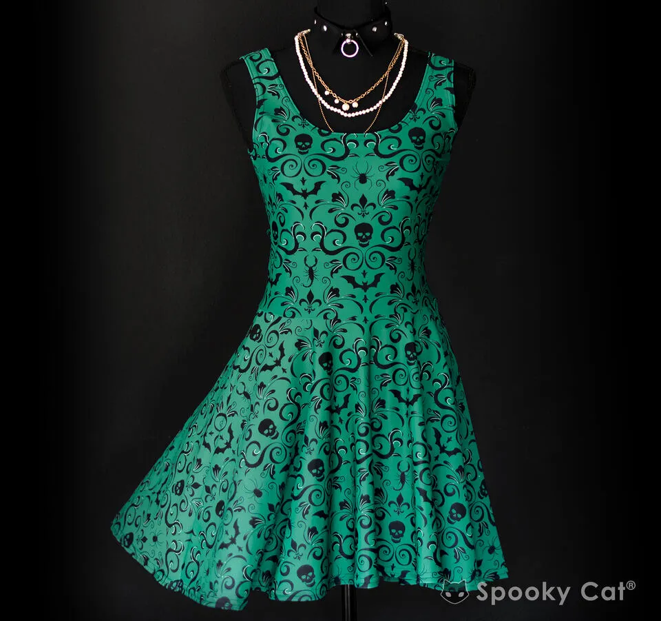 Green Skull Damask Skater Dress