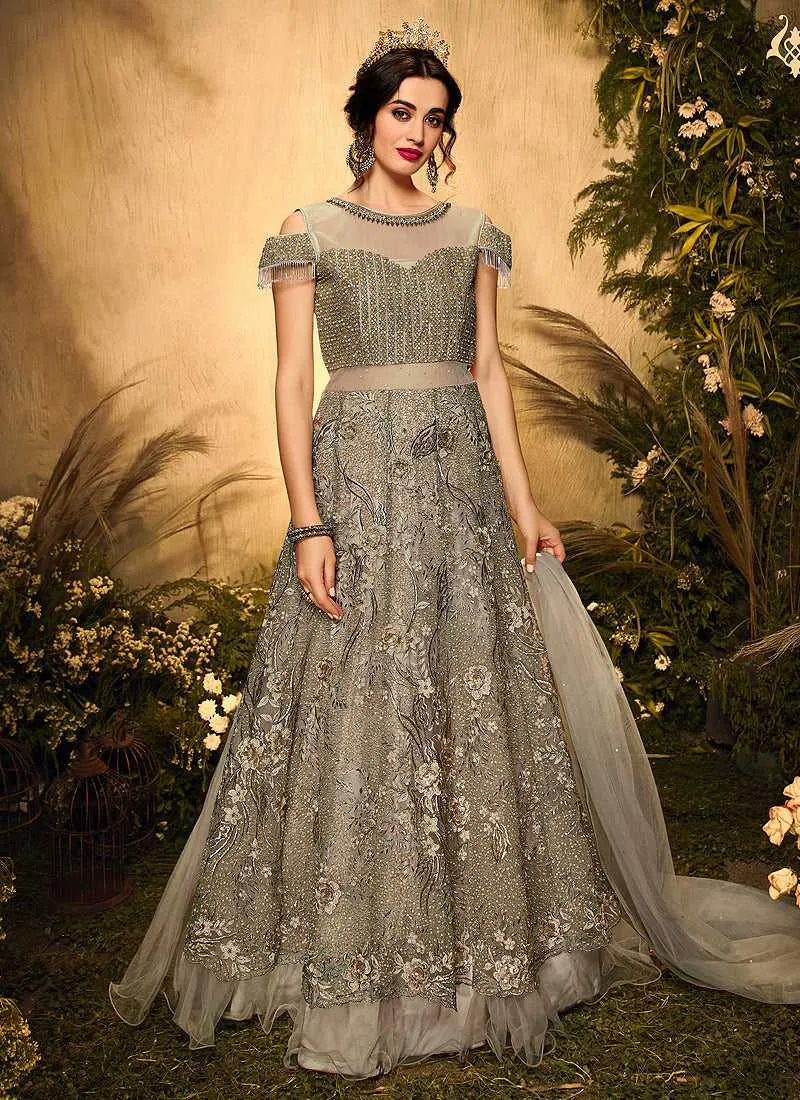 Grey and Gold Heavy Embroidered Kalidar Lehenga Style Anarkali