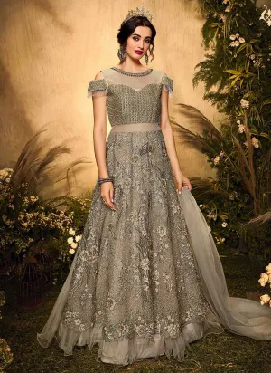 Grey and Gold Heavy Embroidered Kalidar Lehenga Style Anarkali