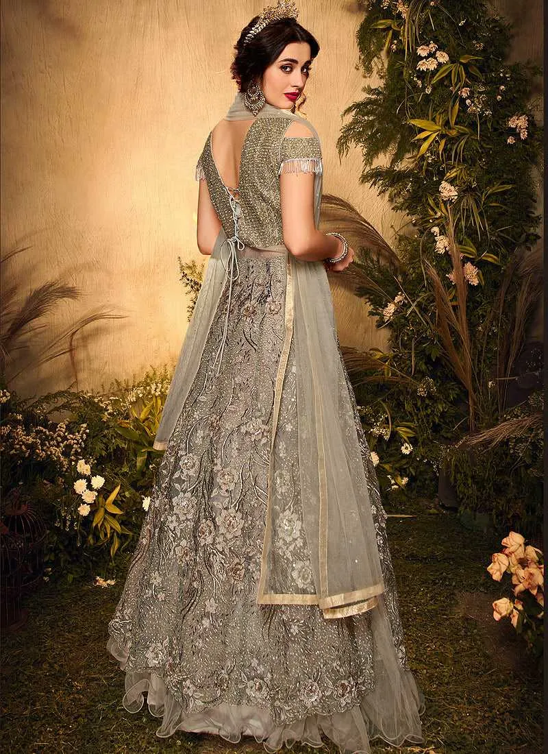 Grey and Gold Heavy Embroidered Kalidar Lehenga Style Anarkali