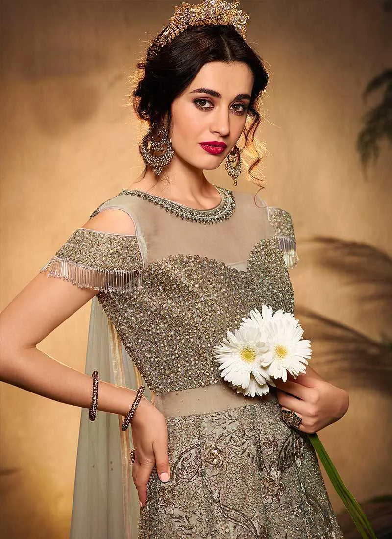 Grey and Gold Heavy Embroidered Kalidar Lehenga Style Anarkali