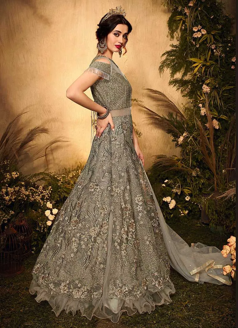 Grey and Gold Heavy Embroidered Kalidar Lehenga Style Anarkali