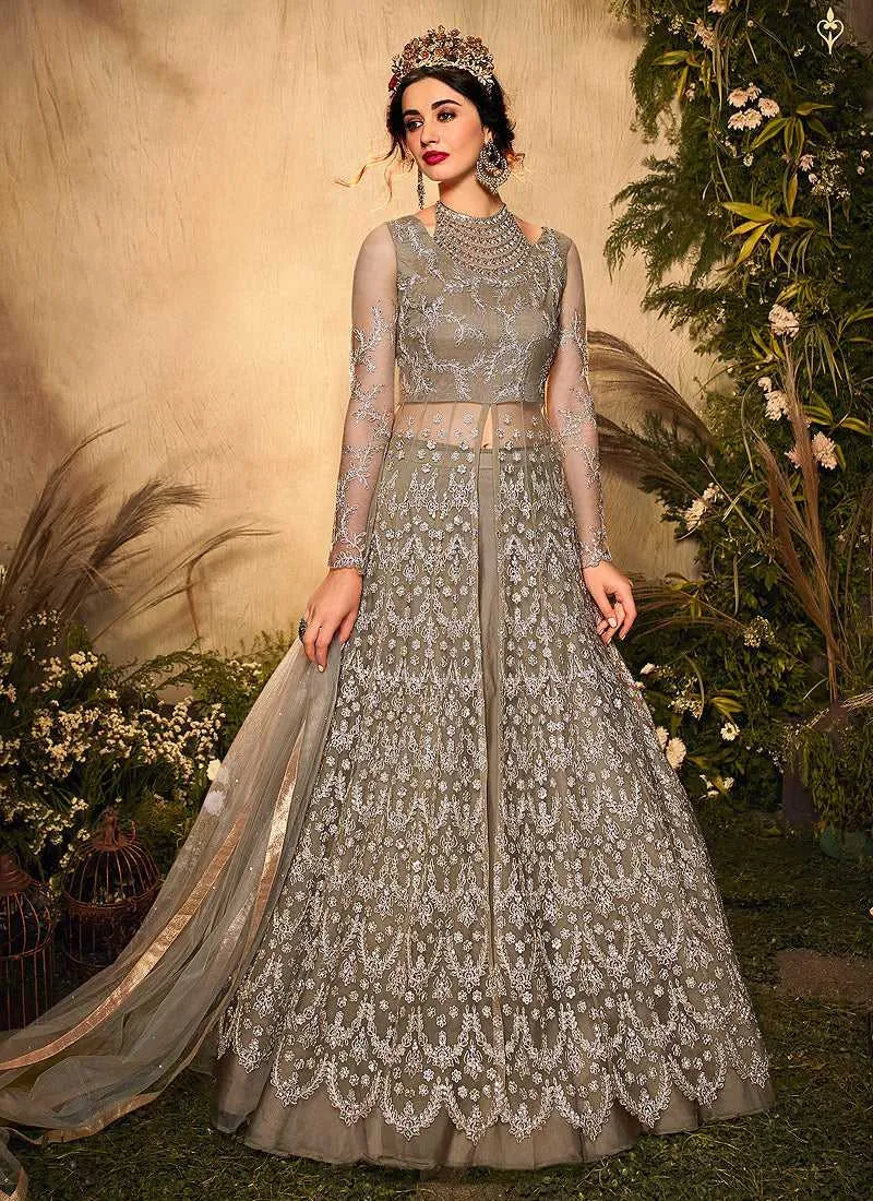 Grey Color Heavy Embroidered Lehenga/ Pant Style Anarkali