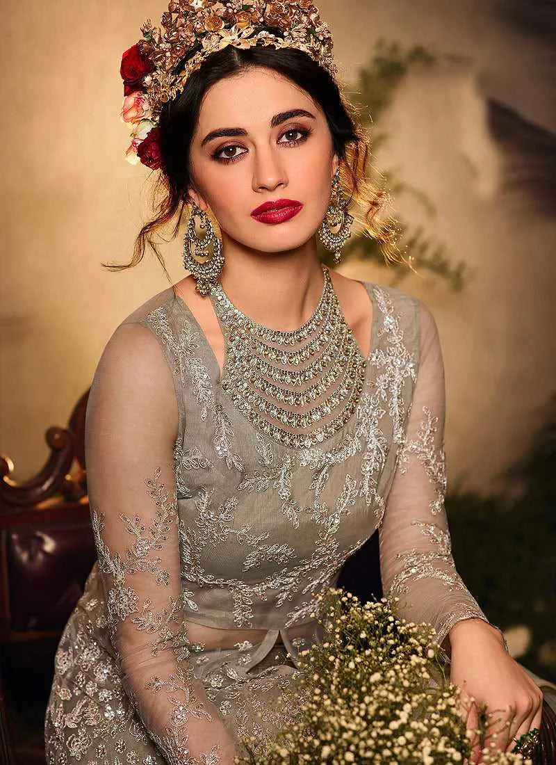 Grey Color Heavy Embroidered Lehenga/ Pant Style Anarkali