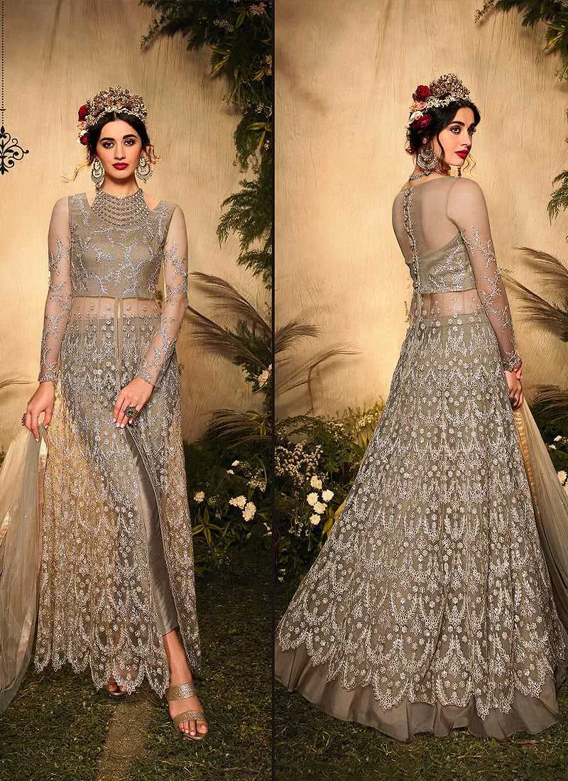 Grey Color Heavy Embroidered Lehenga/ Pant Style Anarkali