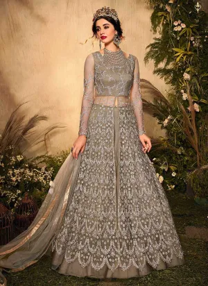Grey Color Heavy Embroidered Lehenga/ Pant Style Anarkali